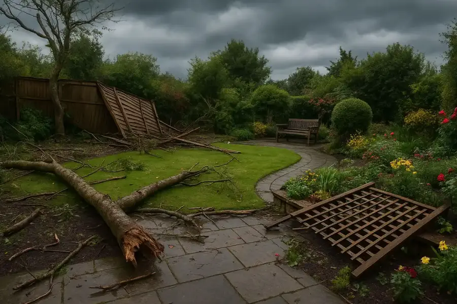 Storm-damaged Edinburgh garden with a fallen tree across the lawn, a blown-over fence panel and a toppled trellis under dark storm clouds