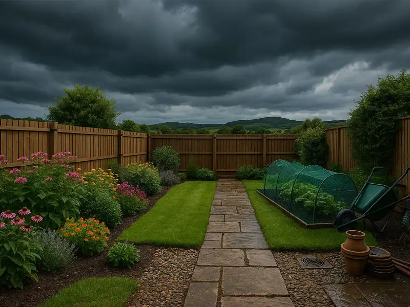 A well-prepared Edinburgh garden under storm clouds with a secure timber fence, a netted vegetable bed and garden tools and pots stored safely