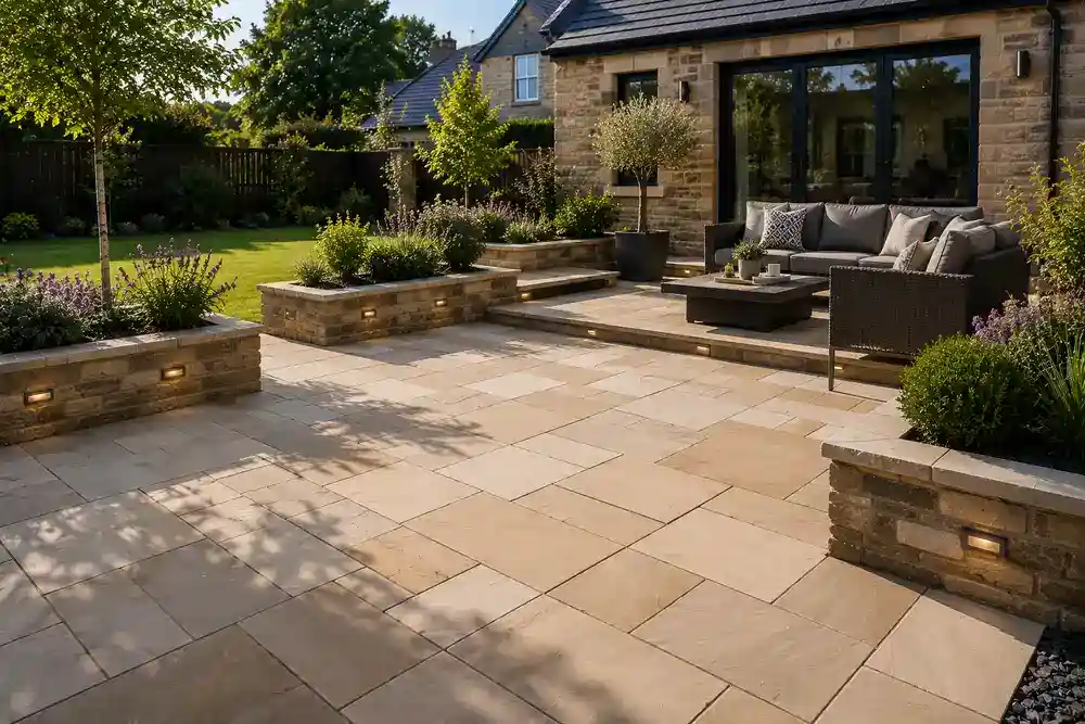 Sandstone patio with raised planters in Musselburgh by Kingsknowe Building & Landscaping