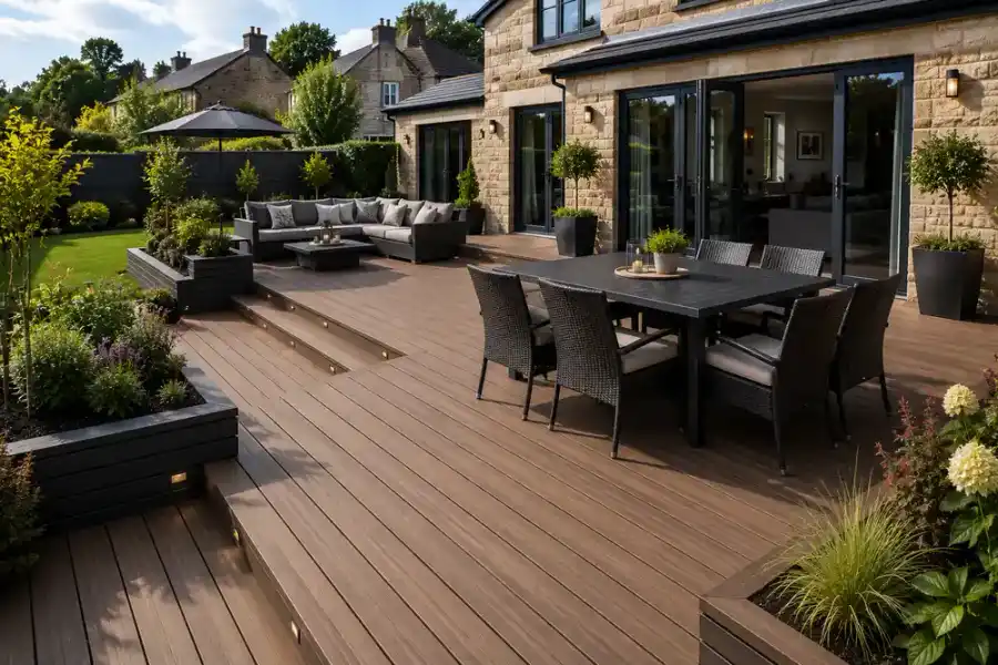 Composite deck with garden furniture in Penicuik by Kingsknowe Building & Landscaping