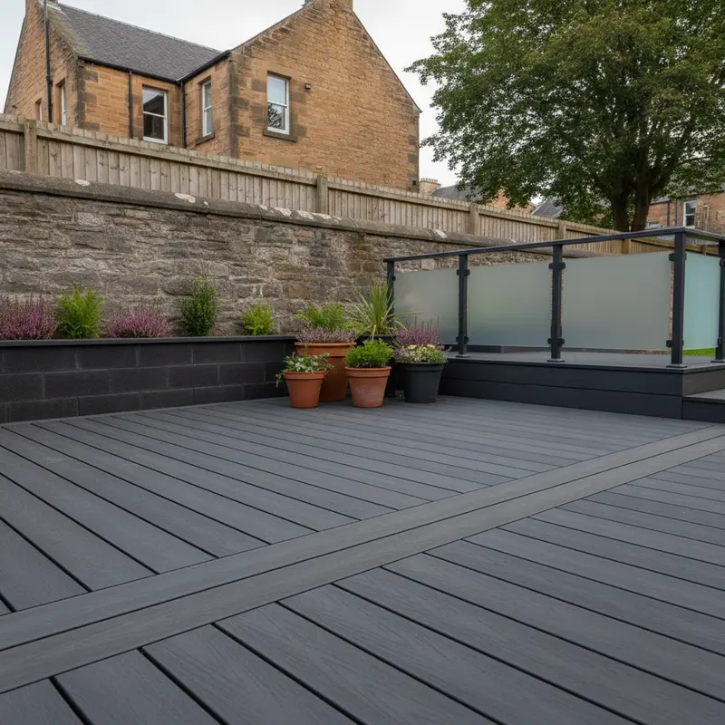 Grey composite deck with a two-tone board pattern and frosted glass balustrade beside a stone garden wall