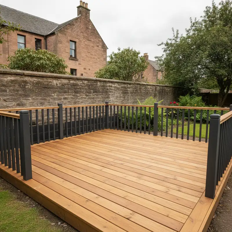 Natural timber deck boards framed by a dark painted spindle balustrade with a timber handrail
