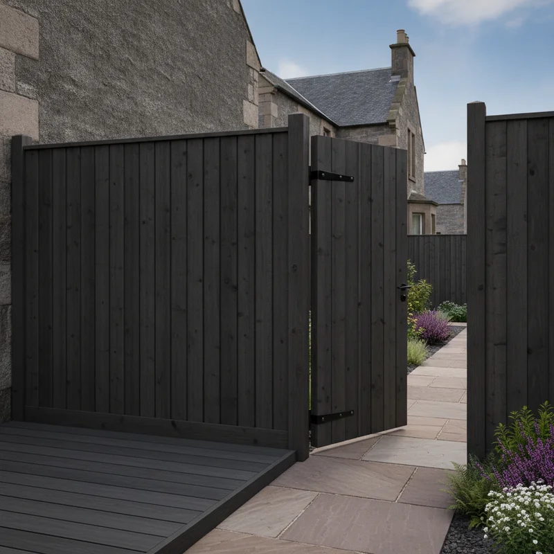 Black painted vertical board fence and matching gate lining a sandstone path with lavender planting