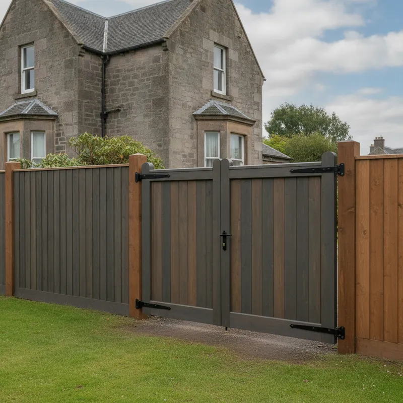 Grey-stained timber double driveway gate with black strap hinges set between natural close-board fence panels