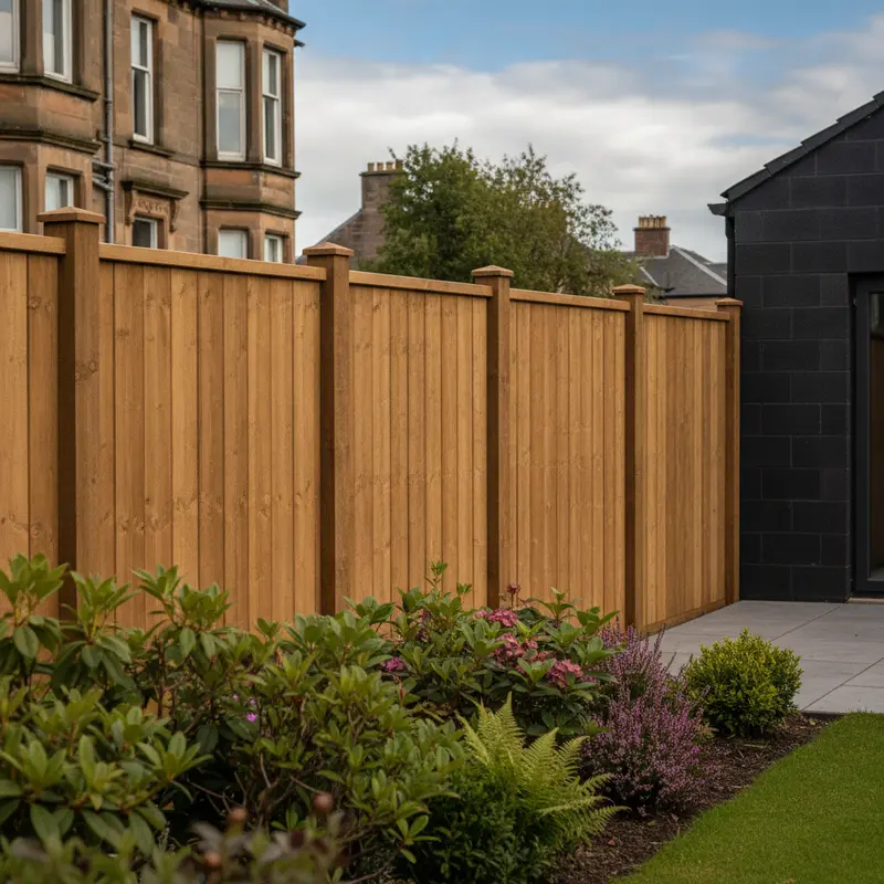 Honey-toned close-board timber fence with capped posts running alongside a planted Edinburgh garden border
