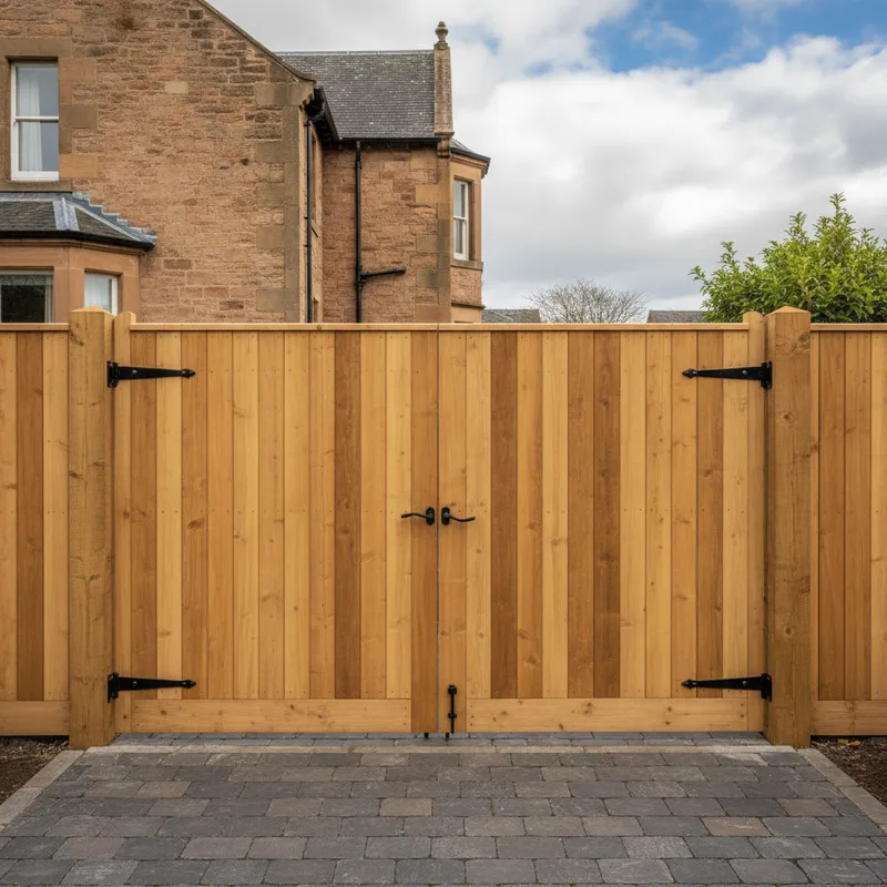 Natural timber double gate with black ironmongery and strap hinges across a block-paved driveway entrance