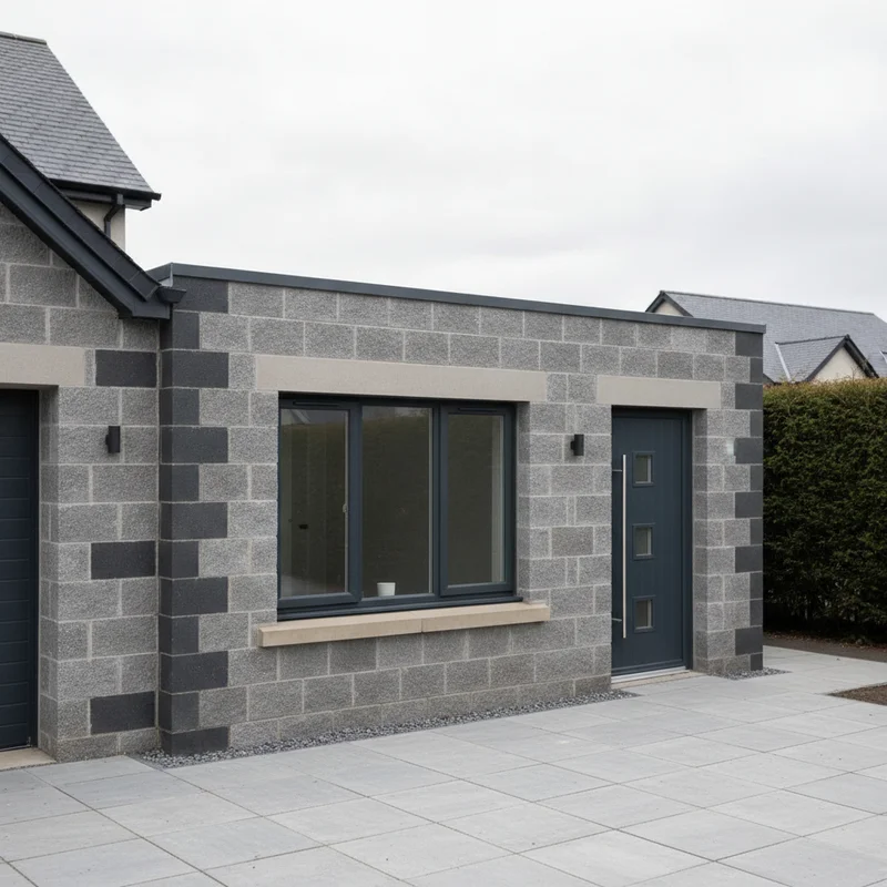 Grey block-built garage conversion with a flat roof, anthracite window and contrasting composite entrance door