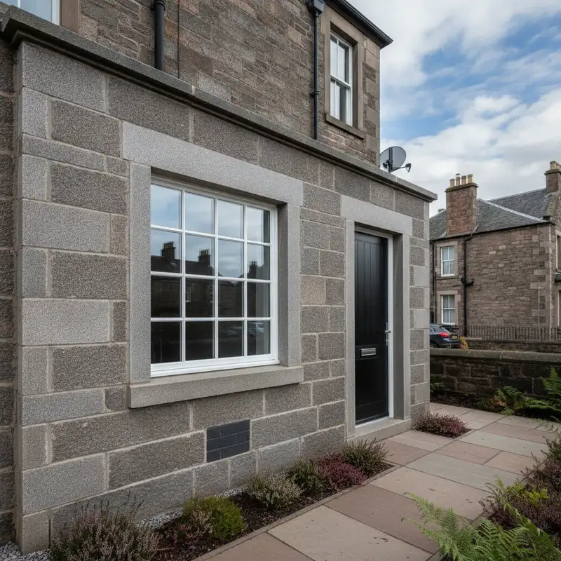 Garage conversion in granite blockwork with a white astragal window and black door on a traditional Edinburgh stone street