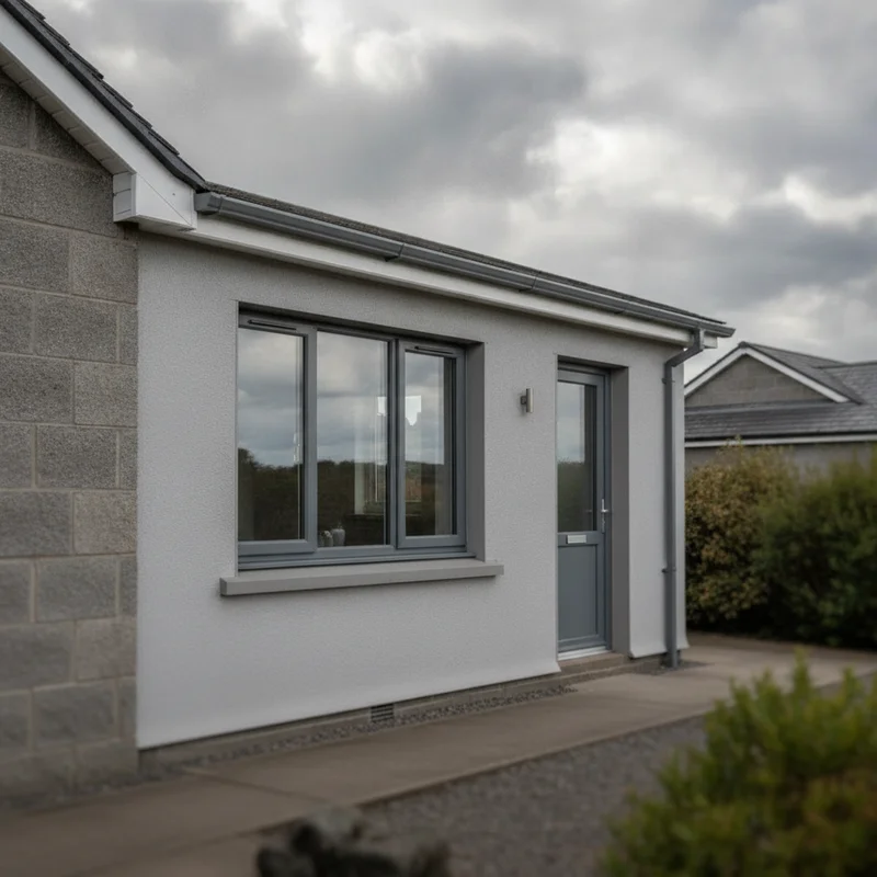 Rendered garage conversion with a pitched roof, grey casement window and matching entrance door on a bungalow