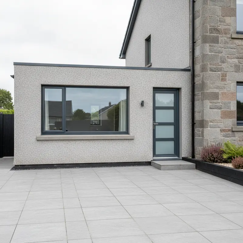 White roughcast garage conversion with a large picture window and grey composite door opening onto a paved patio