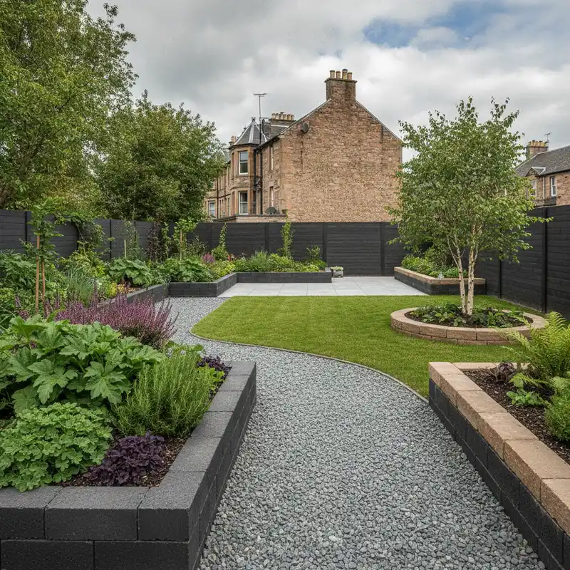 Contemporary garden design with charcoal block raised beds, a gravel path and a circular tree bed set in lawn