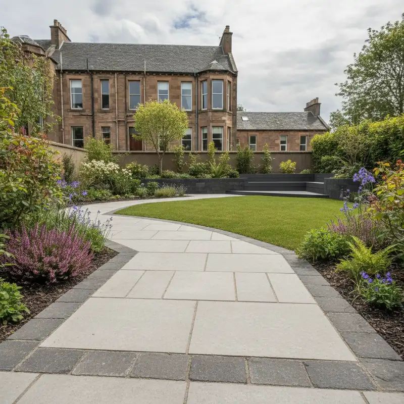 Curved pale paving sweeping around an oval lawn framed by lavender and herbaceous borders