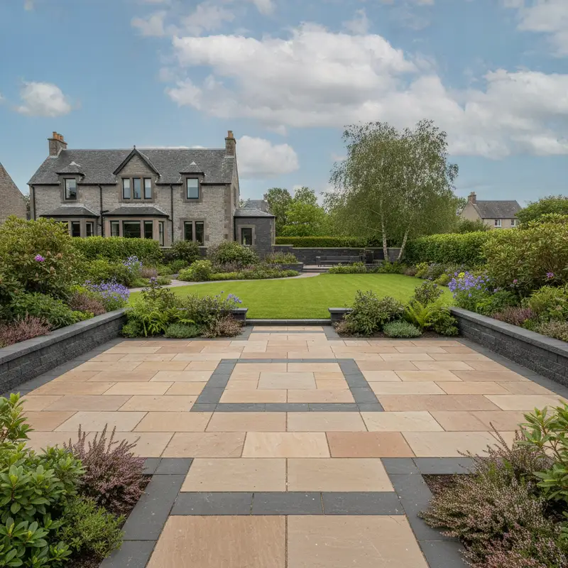 Formal sandstone patio with contrasting charcoal banding around a central lawn and planted borders