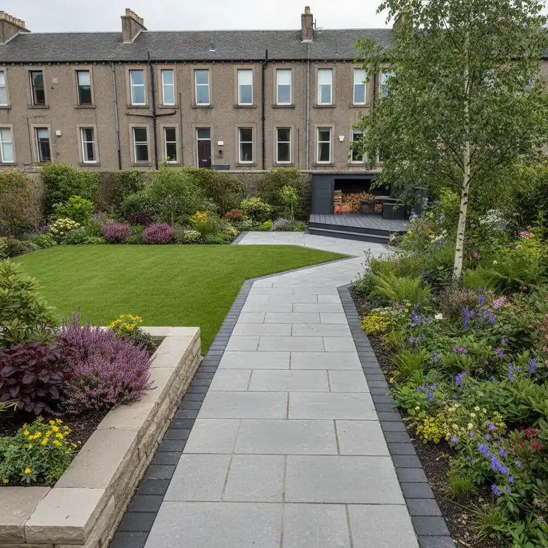 Edinburgh rear garden with a sett-edged paved path winding past a striped lawn and deep perennial borders