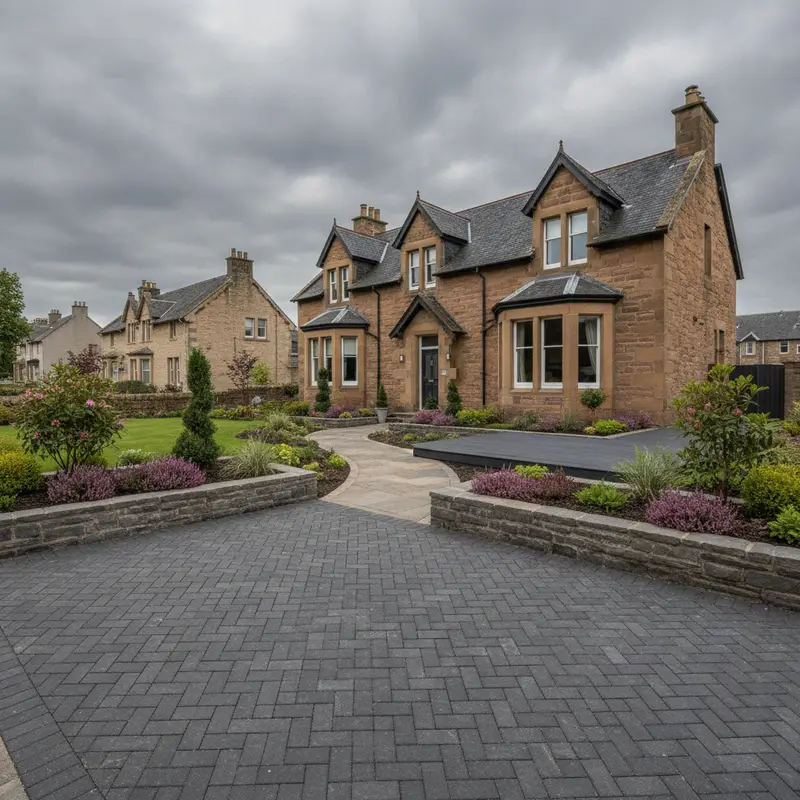 Herringbone block-paved driveway curving between low retaining walls and heather-filled raised beds