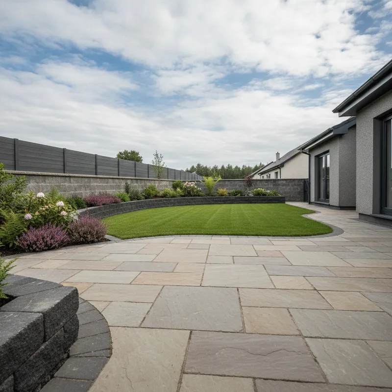 Wide sandstone patio wrapping a circular lawn with a charcoal block raised bed and heather planting