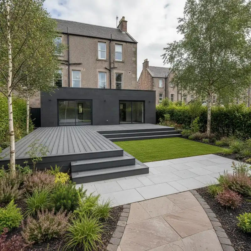 Split-level garden combining a grey composite deck, a level lawn and a sandstone path through mixed planting