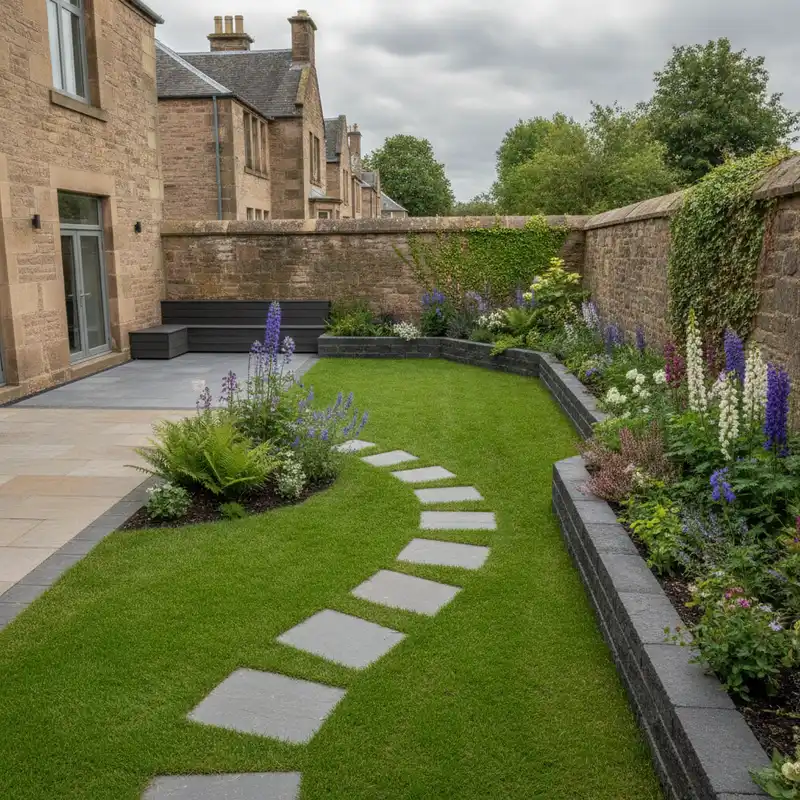 Walled Edinburgh back garden with a porcelain patio, lawn stepping-stones and herbaceous borders against a stone boundary wall