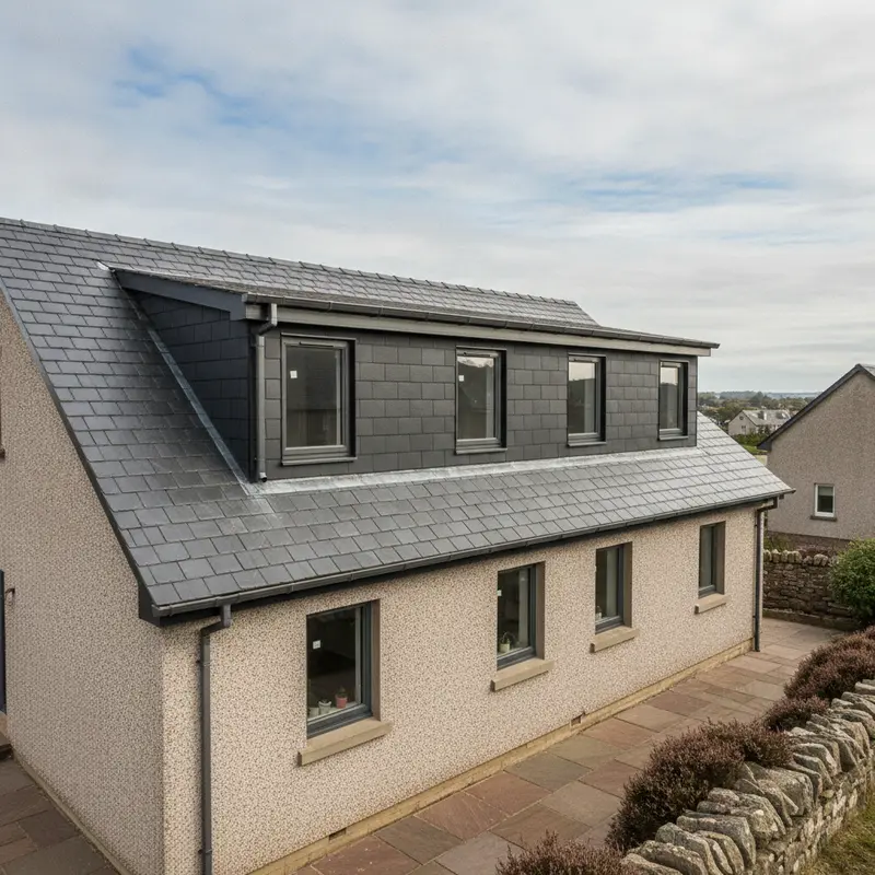 Large flat-roof box dormer with slate cladding and three anthracite windows set into a pitched slate roof