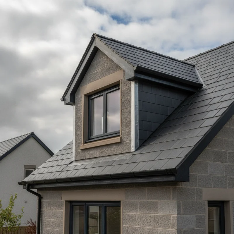 Gable-fronted dormer with slate cladding and an anthracite window framed by a sandstone surround