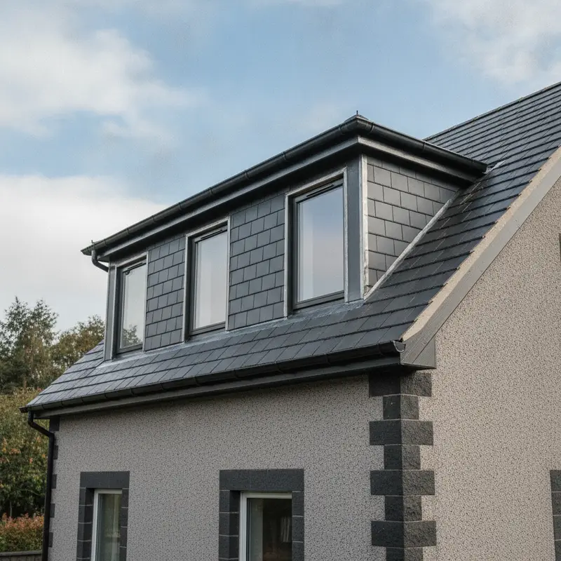 Pitched-roof dormer with slate-clad cheeks and three casement windows above a roughcast wall with block quoins
