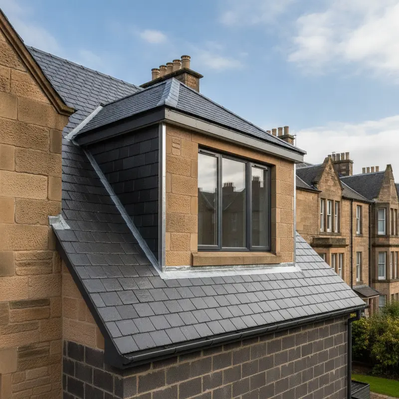 Traditional sandstone dormer with lead flashing and slate cheeks on an Edinburgh stone tenement roof