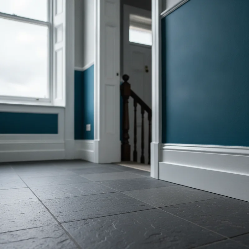 Hallway decorated with teal upper walls above crisp white dado panelling and freshly painted skirting