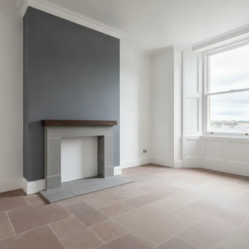 Newly decorated Edinburgh period living room with crisp white walls and a charcoal grey feature chimney breast around a stone fireplace
