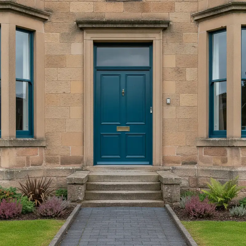 Freshly painted petrol-blue panelled front door with brass furniture and fanlight in a sandstone surround