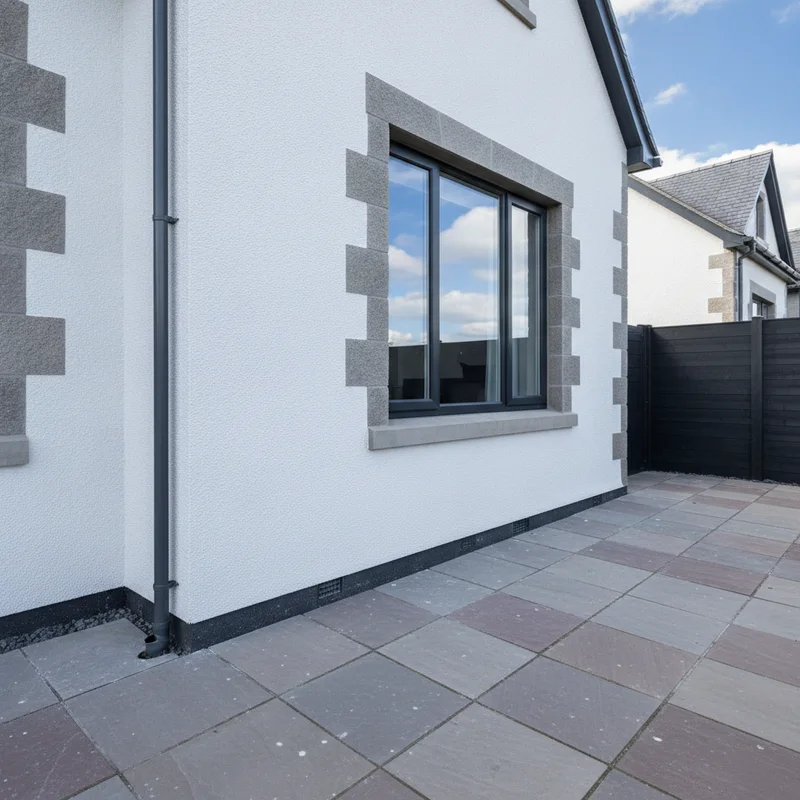 Freshly painted white render exterior with anthracite window trim and contrasting grey quoin detailing