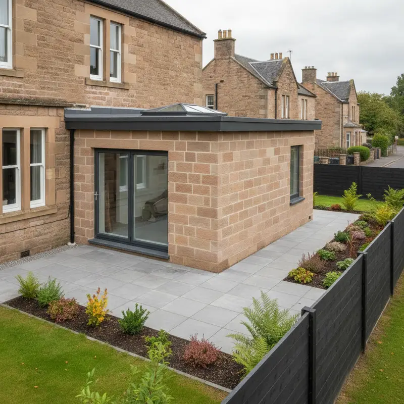 Flat-roof extension with a dark membrane covering and glazed lantern on a traditional Edinburgh stone street