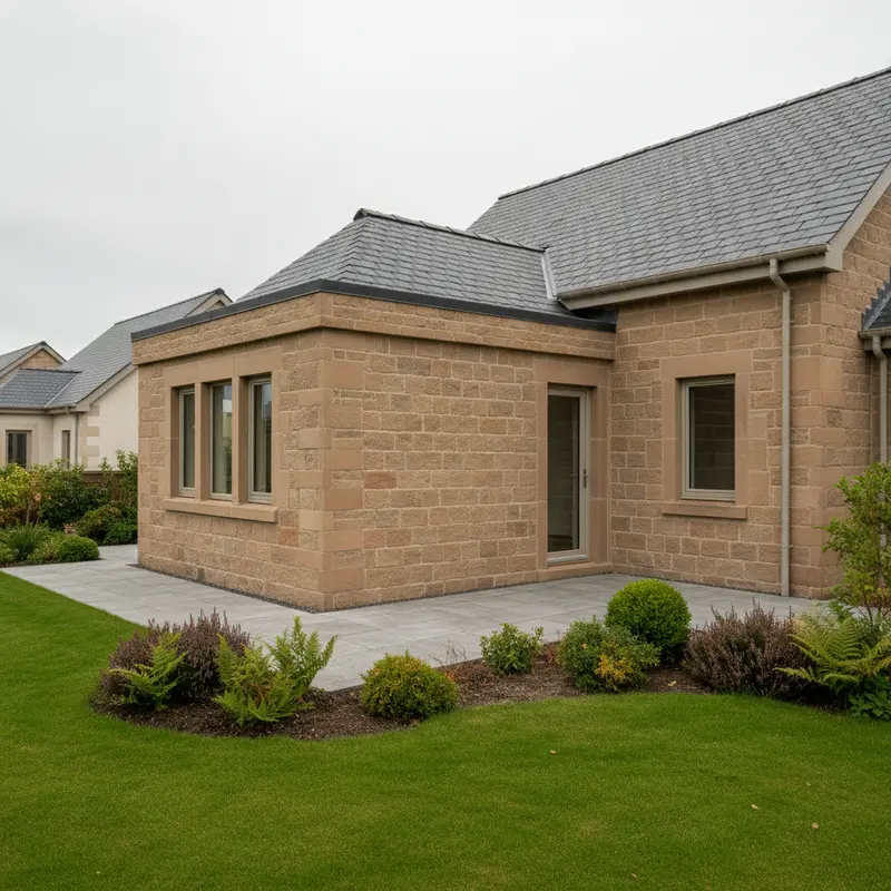 Hipped natural slate roof over a single storey sandstone wing with grey ridge tiles and matching fascias