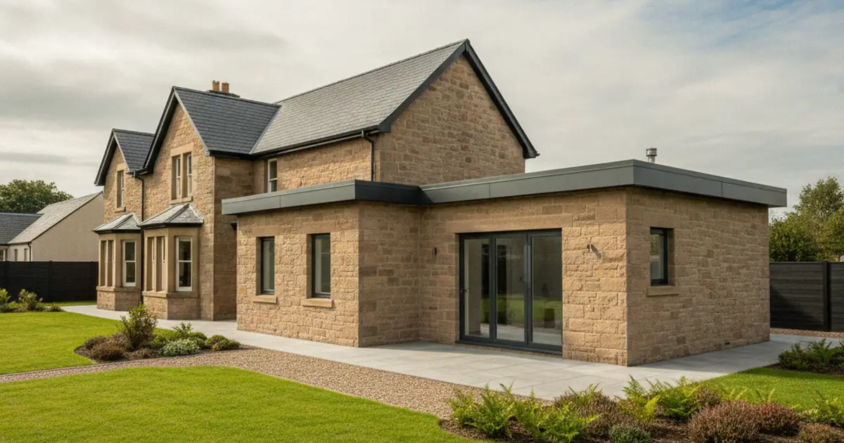 Combination of pitched slate roofs and a flat parapet roof extension on a detached sandstone house