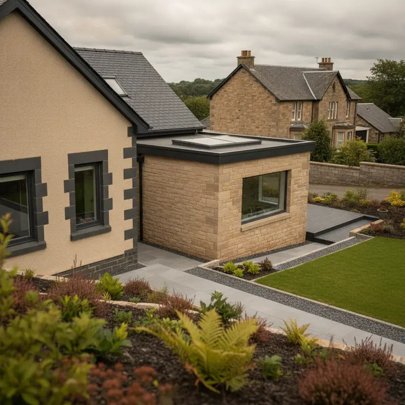Pitched natural slate roof beside a flat-roof extension fitted with a glazed rooflight on a sandstone house