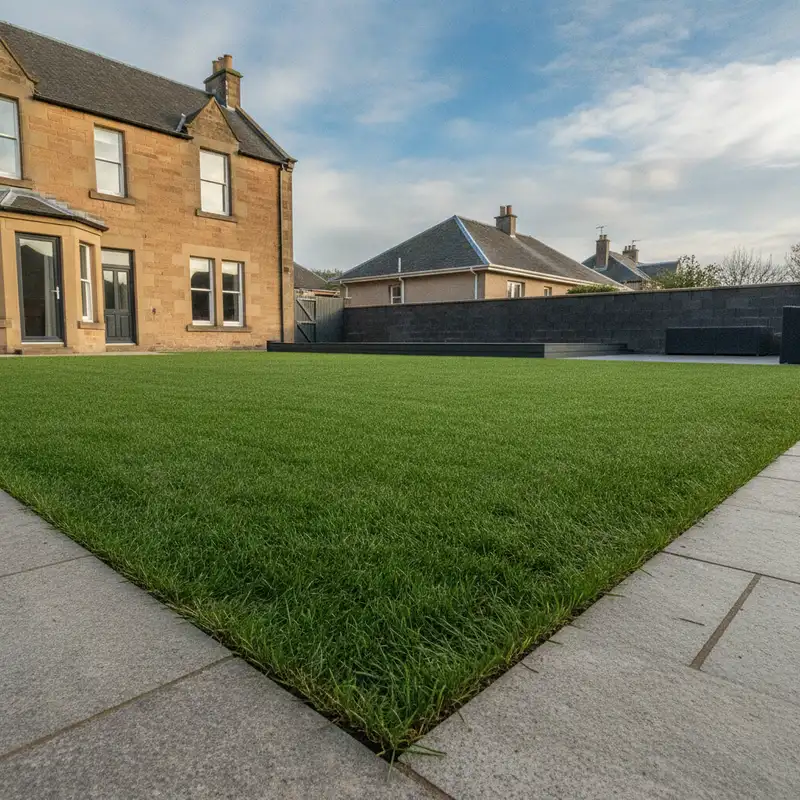 Freshly laid lawn with mowing stripes edged by grey paving slabs in front of a sandstone villa