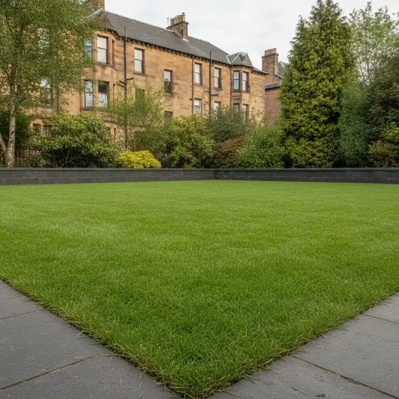 Level newly laid lawn in a walled Edinburgh back garden bordered by paving with a sandstone tenement beyond