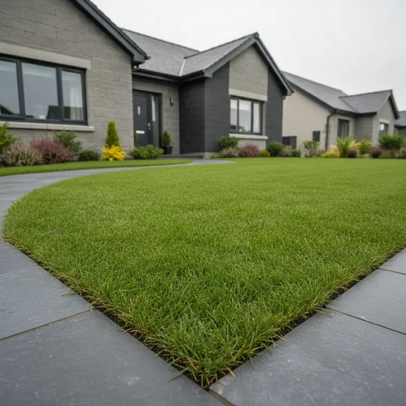 Close-up of dense newly laid turf meeting a curved paved path outside modern grey houses