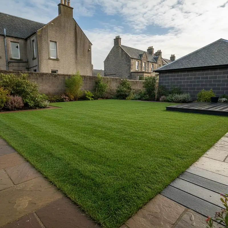 Striped rear lawn laid between a stone boundary wall and a composite deck in a walled garden